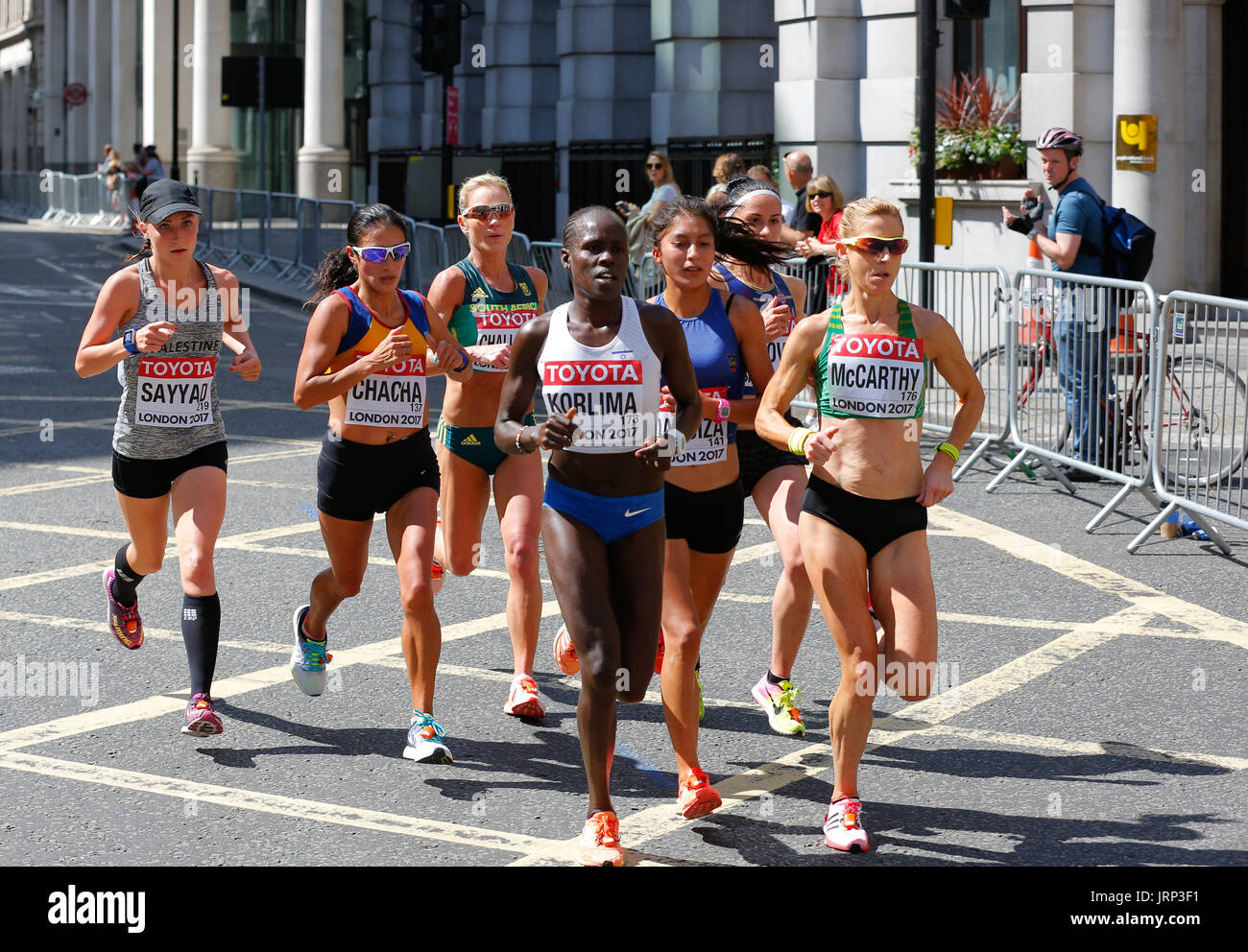August 6th 2017 World Athletics Championship in London. IAAF women marathon 06/08/2017 started at 2pm local time. UK weather is perfect for a marathon with sun and few white clouds. Women running marathon are cometeing for a world champion title 2017. IAAF 2017 women marathon world champion and gold medal. Winner will be announced very soon. Stock Photo