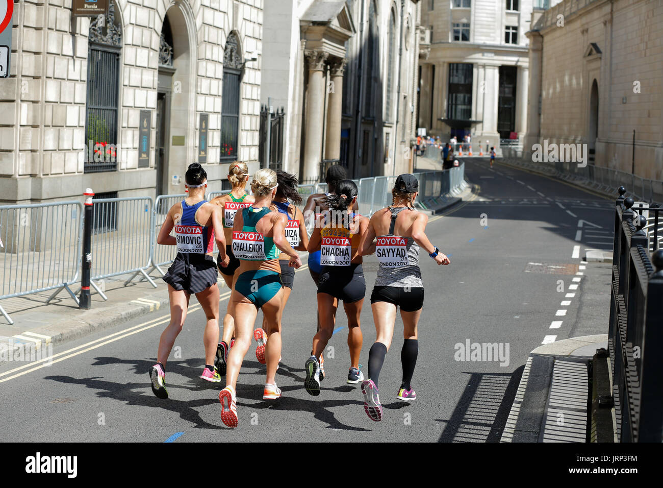 August 6th 2017 World Athletics Championship in London. IAAF women marathon 06/08/2017 started at 2pm local time. UK weather is perfect for a marathon with sun and few white clouds. Women running marathon are cometeing for a world champion title 2017. IAAF 2017 women marathon world champion and gold medal. Winner will be announced very soon. Stock Photo