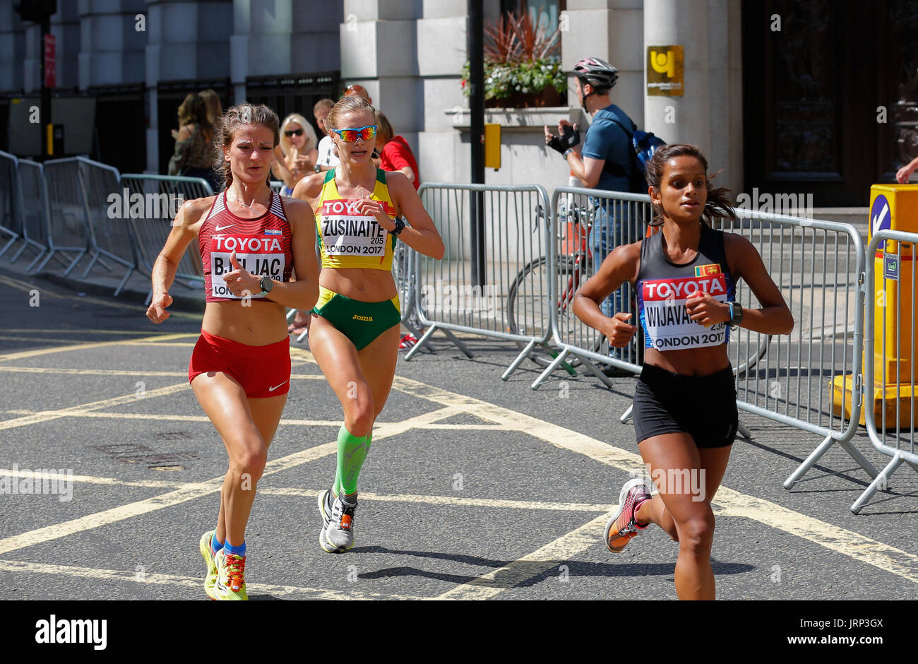 August 6th 2017 World Athletics Championship in London. IAAF women marathon 06/08/2017 started at 2pm local time. UK weather is perfect for a marathon with sun and few white clouds. Women running marathon are cometeing for a world champion title 2017. IAAF 2017 women marathon world champion and gold medal. Winner will be announced very soon. Stock Photo