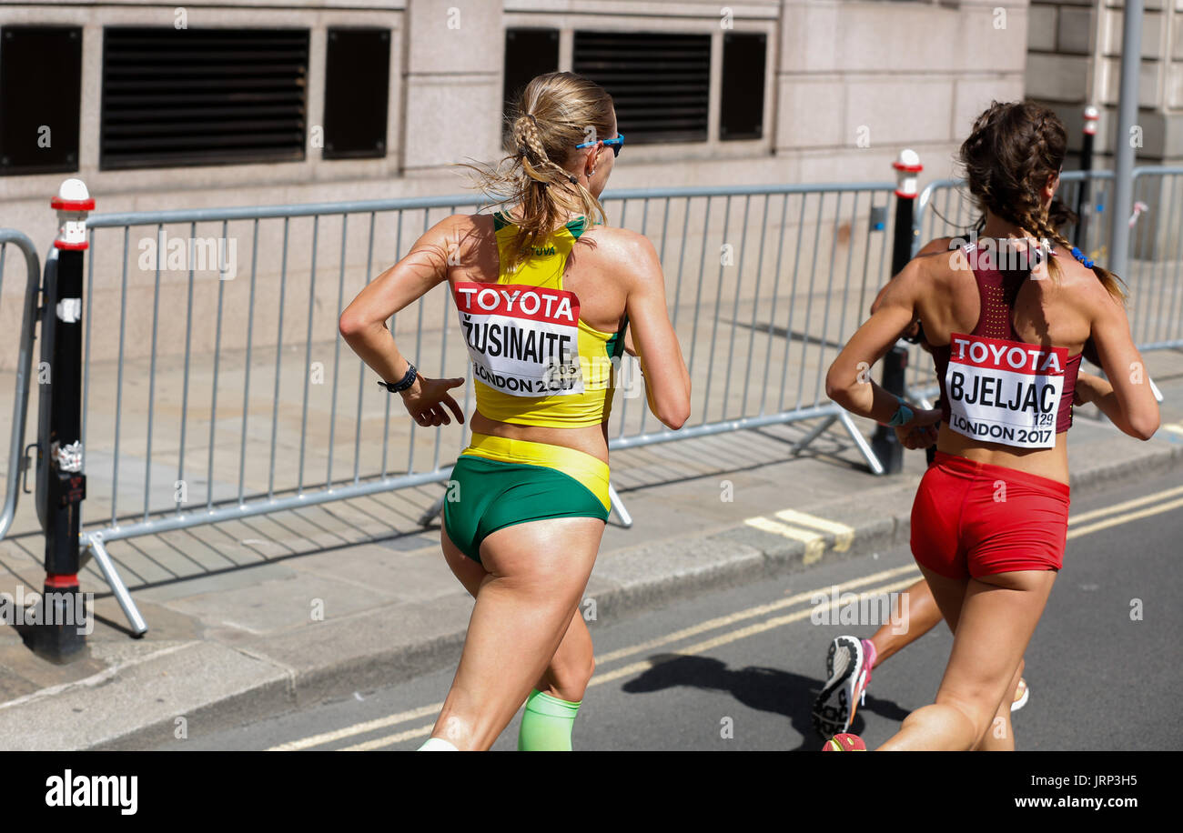 August 6th 2017 World Athletics Championship in London. IAAF women marathon 06/08/2017 started at 2pm local time. UK weather is perfect for a marathon with sun and few white clouds. Women running marathon are cometeing for a world champion title 2017. IAAF 2017 women marathon world champion and gold medal. Winner will be announced very soon. Stock Photo