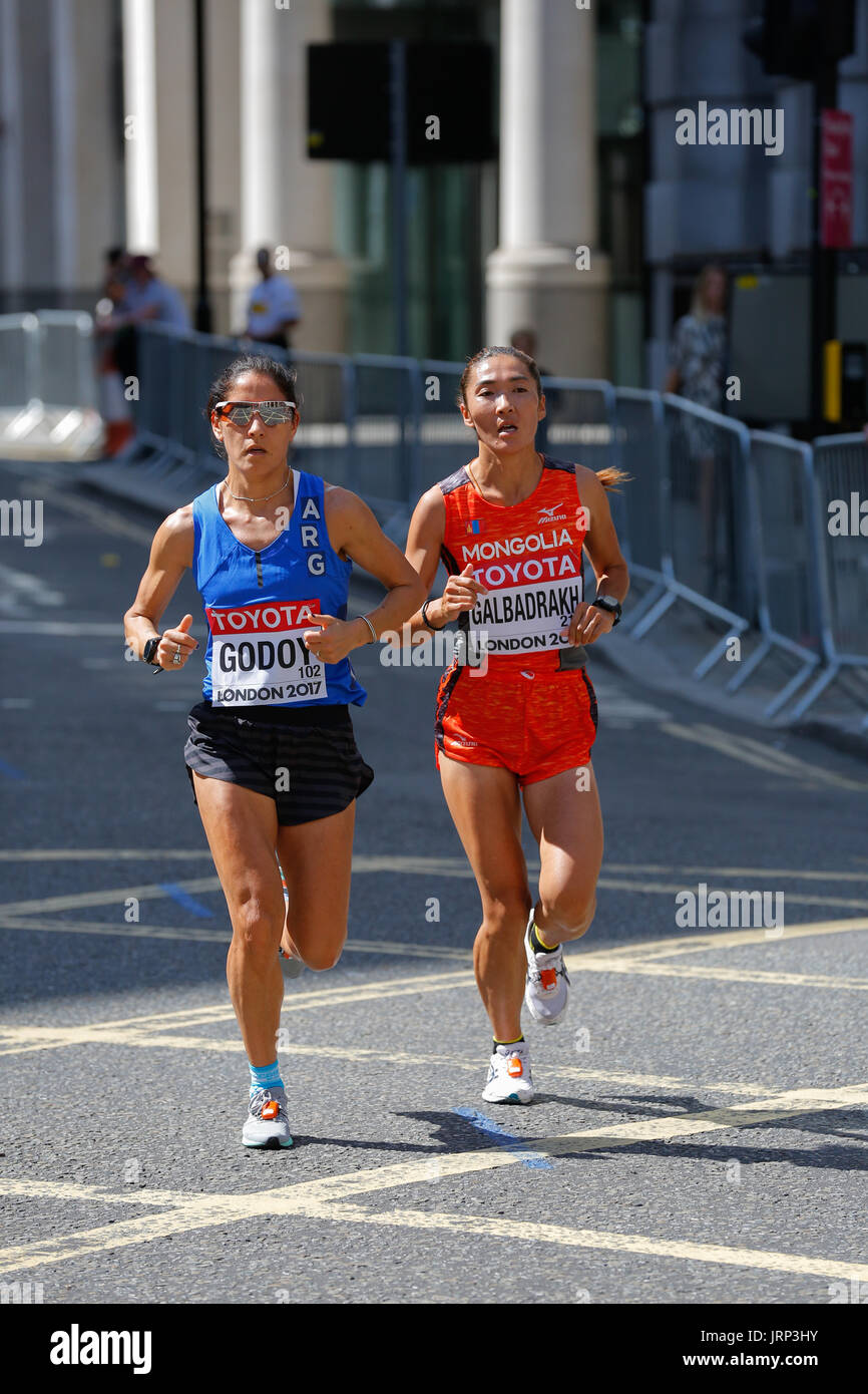 August 6th 2017 World Athletics Championship in London. IAAF women marathon 06/08/2017 started at 2pm local time. UK weather is perfect for a marathon with sun and few white clouds. Women running marathon are cometeing for a world champion title 2017. IAAF 2017 women marathon world champion and gold medal. Winner will be announced very soon. Stock Photo