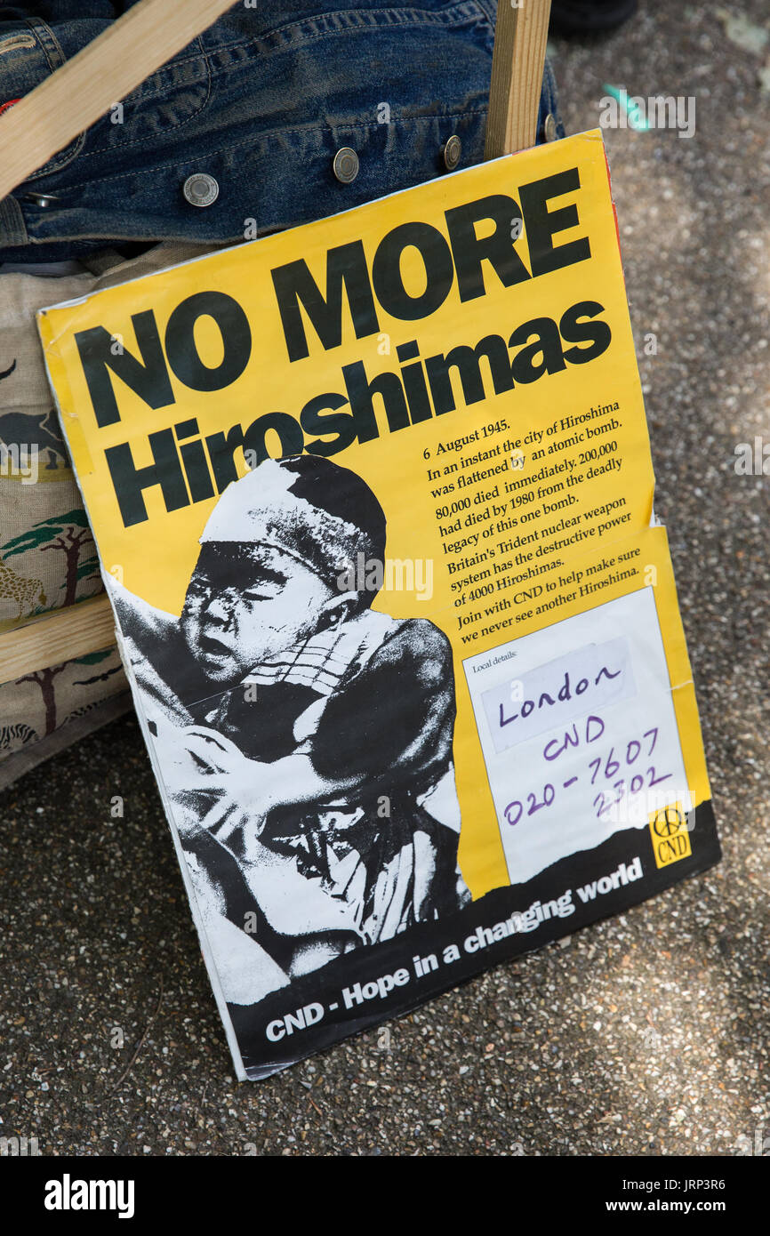London, UK. 6th August, 2017. A sign at the annual Hiroshima Day anniversary event in Tavistock Square, next to the commemorative Hiroshima cherry tree. Credit: Mark Kerrison/Alamy Live News Stock Photo