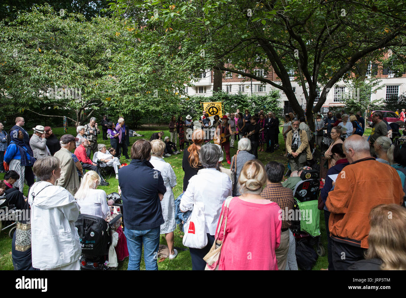London, UK. 6th August, 2017. Peace campaigners attend the annual Hiroshima Day anniversary event in Tavistock Square, next to the commemorative Hiroshima cherry tree. Credit: Mark Kerrison/Alamy Live News Stock Photo