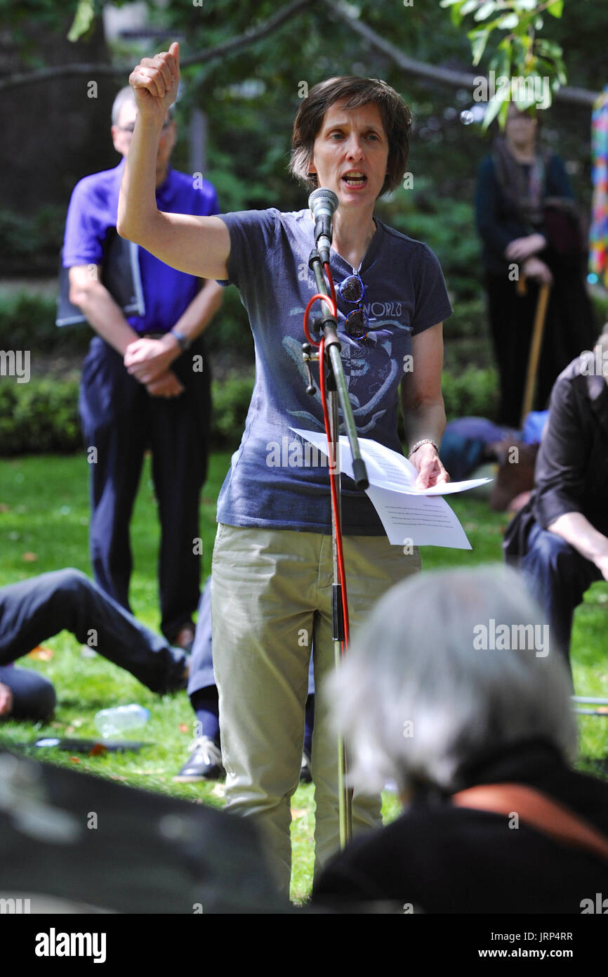 London, UK. 06th Aug, 2017. A. L. Kennedy (Scottish writer and stand-up comedian) speaking at the Campaign for Nuclear Disarmament’s annual commemoration of the atomic bombing of Hiroshima, Japan in Tavistock Square, London, United Kingdom.  On 6 August 1967 a cherry tree was planted in the square by Camden Council in memory of the victims of the bombing. Since then an annual ceremony has been held around the tree to remember the attack.  The attack took place at 8.15am, 6 August 1945, when the Enola Gay Boeing B-29 Superfortress bomber dropped the ‘Little Boy’ atomic bomb, the first use of th Stock Photo