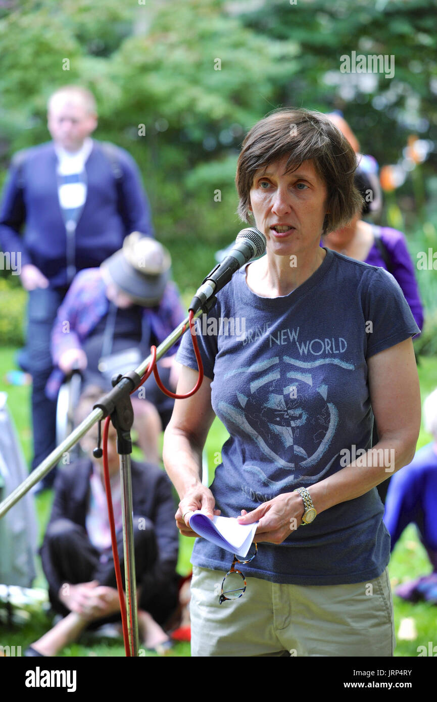 London, UK. 06th Aug, 2017. A. L. Kennedy (Scottish writer and stand-up comedian) speaking at the Campaign for Nuclear Disarmament’s annual commemoration of the atomic bombing of Hiroshima, Japan in Tavistock Square, London, United Kingdom.  On 6 August 1967 a cherry tree was planted in the square by Camden Council in memory of the victims of the bombing. Since then an annual ceremony has been held around the tree to remember the attack.  The attack took place at 8.15am, 6 August 1945, when the Enola Gay Boeing B-29 Superfortress bomber dropped the ‘Little Boy’ atomic bomb, the first use of th Stock Photo