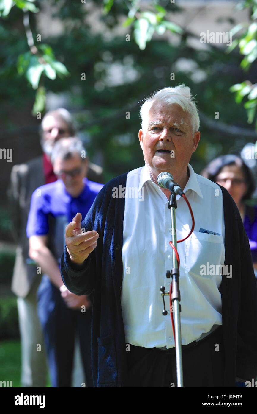 London, UK. 06th Aug, 2017. Bruce Kent (CND Vice President) speaking at the Campaign for Nuclear Disarmament’s annual commemoration of the atomic bombing of Hiroshima, Japan in Tavistock Square, London, United Kingdom.  On 6 August 1967 a cherry tree was planted in the square by Camden Council in memory of the victims of the bombing. Since then an annual ceremony has been held around the tree to remember the attack.  The attack took place at 8.15am, 6 August 1945, when the Enola Gay Boeing B-29 Superfortress bomber dropped the ‘Little Boy’ atomic bomb, the first use of the weapon in history. C Stock Photo