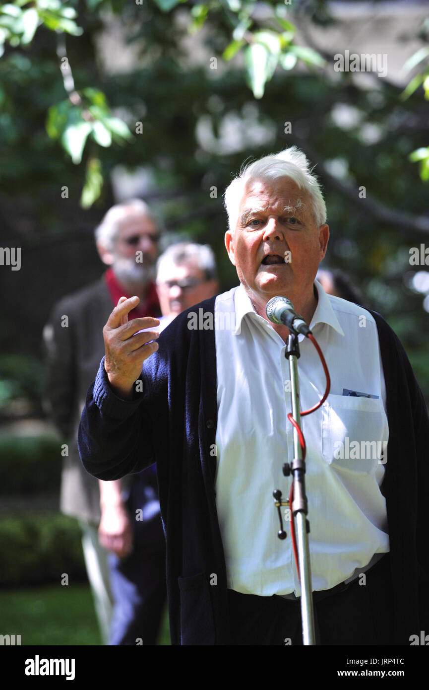 London, UK. 06th Aug, 2017. Bruce Kent (CND Vice President) speaking at the Campaign for Nuclear Disarmament’s annual commemoration of the atomic bombing of Hiroshima, Japan in Tavistock Square, London, United Kingdom.  On 6 August 1967 a cherry tree was planted in the square by Camden Council in memory of the victims of the bombing. Since then an annual ceremony has been held around the tree to remember the attack.  The attack took place at 8.15am, 6 August 1945, when the Enola Gay Boeing B-29 Superfortress bomber dropped the ‘Little Boy’ atomic bomb, the first use of the weapon in history. C Stock Photo