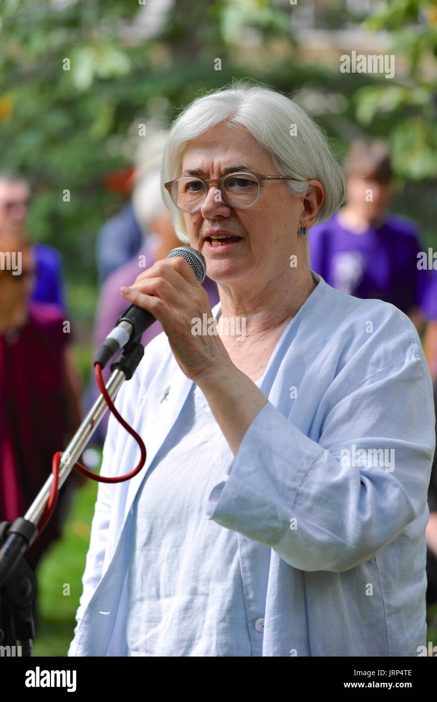 London, UK. 06th Aug, 2017. Carol Turner (Chair, London Region CND) speaking at the Campaign for Nuclear Disarmament’s annual commemoration of the atomic bombing of Hiroshima, Japan in Tavistock Square, London, United Kingdom.  On 6 August 1967 a cherry tree was planted in the square by Camden Council in memory of the victims of the bombing. Since then an annual ceremony has been held around the tree to remember the attack.  The attack took place at 8.15am, 6 August 1945, when the Enola Gay Boeing B-29 Superfortress bomber dropped the ‘Little Boy’ atomic bomb, the first use of the weapon in hi Stock Photo
