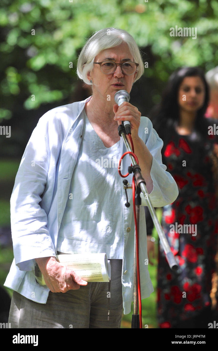 London, UK. 06th Aug, 2017. Carol Turner (Chair, London Region CND) speaking at the Campaign for Nuclear Disarmament’s annual commemoration of the atomic bombing of Hiroshima, Japan in Tavistock Square, London, United Kingdom.  On 6 August 1967 a cherry tree was planted in the square by Camden Council in memory of the victims of the bombing. Since then an annual ceremony has been held around the tree to remember the attack.  The attack took place at 8.15am, 6 August 1945, when the Enola Gay Boeing B-29 Superfortress bomber dropped the ‘Little Boy’ atomic bomb, the first use of the weapon in hi Stock Photo