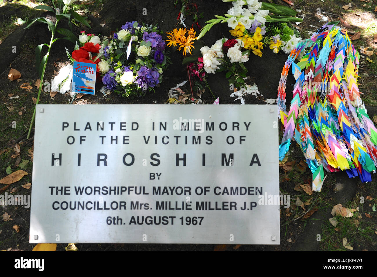 London, UK. 06th Aug, 2017. Flowers underneath the memorial cherry tree in Tavistock Square during the Campaign for Nuclear Disarmament’s annual commemoration of the atomic bombing of Hiroshima, Japan in Tavistock Square, London, United Kingdom.   The attack took place at 8.15am, 6 August 1945, when the Enola Gay Boeing B-29 Superfortress bomber dropped the ‘Little Boy’ atomic bomb, the first use of the weapon in history. The bomb is estimated to have killed between 100,000 and 180,000 people, and devastated the city. Credit: Michael Preston/Alamy Live News Stock Photo