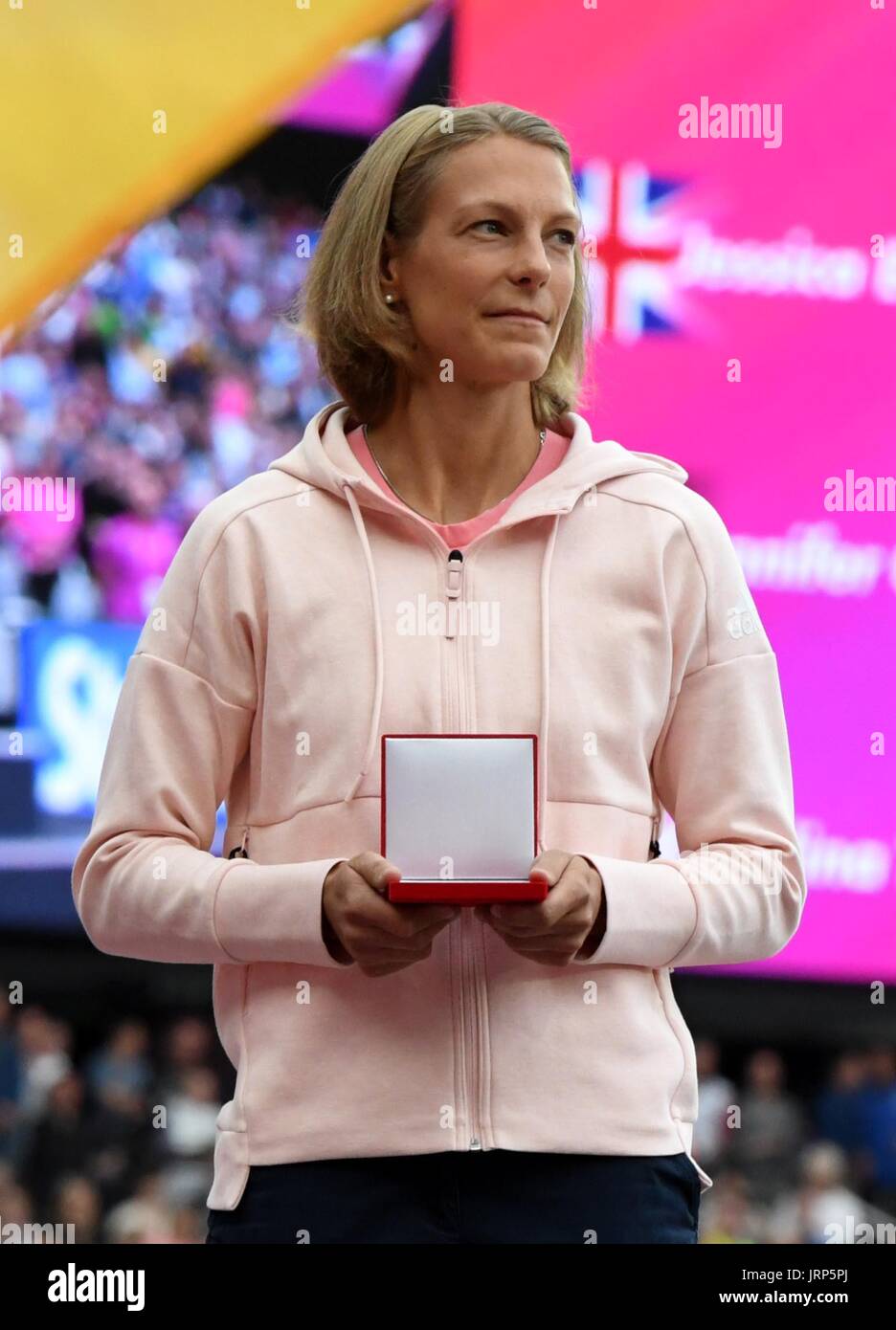 London, UK. 6th Aug, 2017. Former heptathlete Jennifer Oeser of Germany belatedly receives her silver medal in the heptathlon of 2011 at the IAAF World Championships at the Olympic Stadium in Athletics in London, UK, 6 August 2017. Oeser moved fromthird to second place after then-champion Tatyana Chernova of Russia was disqualified for doping. Photo: Bernd Thissen/dpa/Alamy Live News Stock Photo