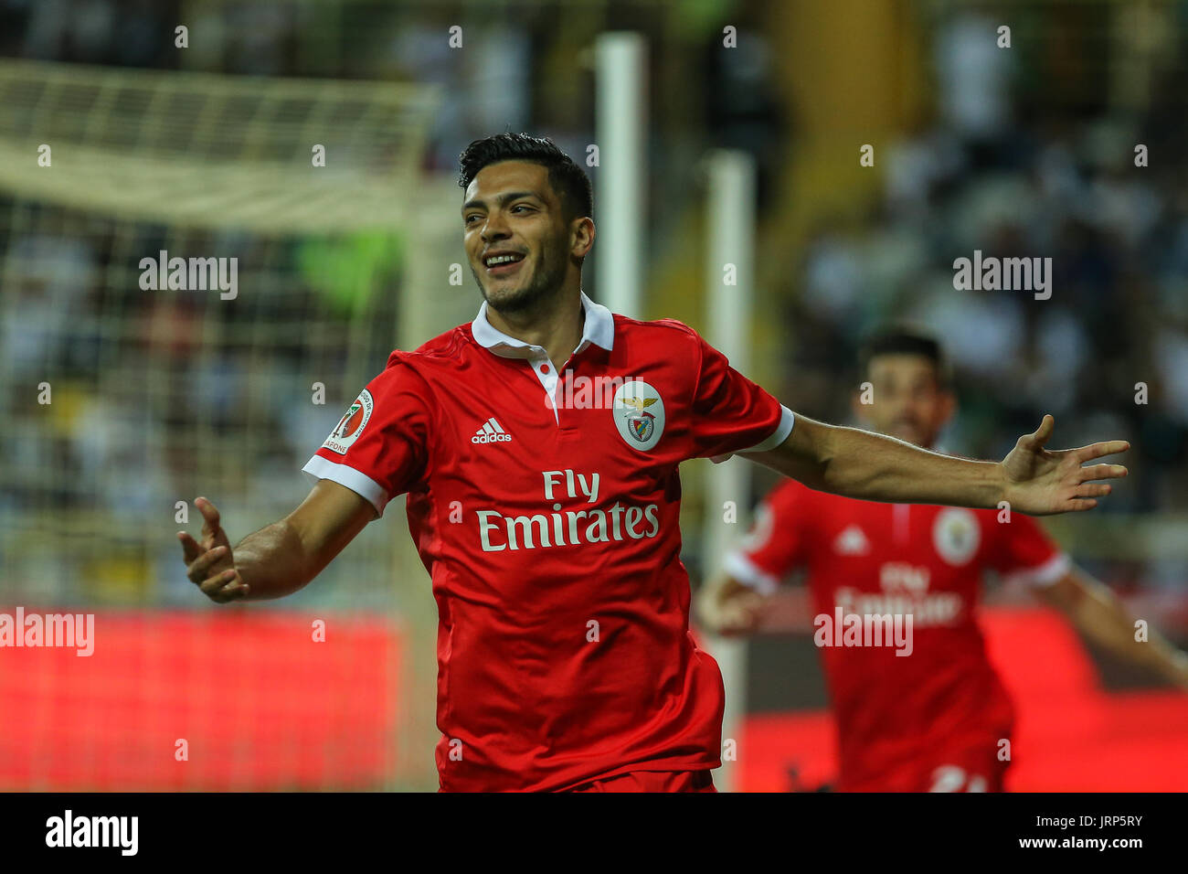 Benfica«s forward Raul Jimenez from Mexico celebrating after scoring a goal during the Candido Oliveira Super Cup match between SL Benfica and Vitoria Guimaraes at Municipal de Aveiro Stadium on August 5, 2017 in Aveiro, Portugal. (Photo by Bruno Barros) Stock Photo