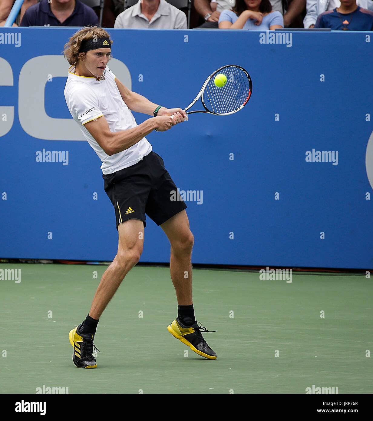 Washington DC, USA. 06th Aug, 2017. Alexander Zverev (GER) takes a backhand  shot during the final match at the 2017 Citi Open tennis tournament being  played at Rock Creek Park Tennis Center