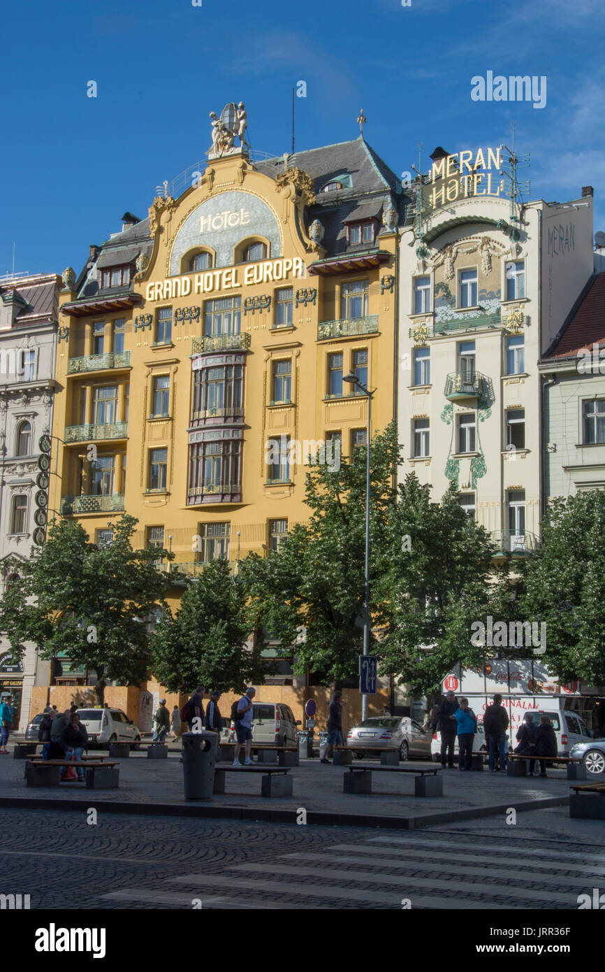 The (once-grand) Grand Hotel Europa on Wenceslas Square (Vaclavske namesti) in Prague (Praha), Czechia Stock Photo