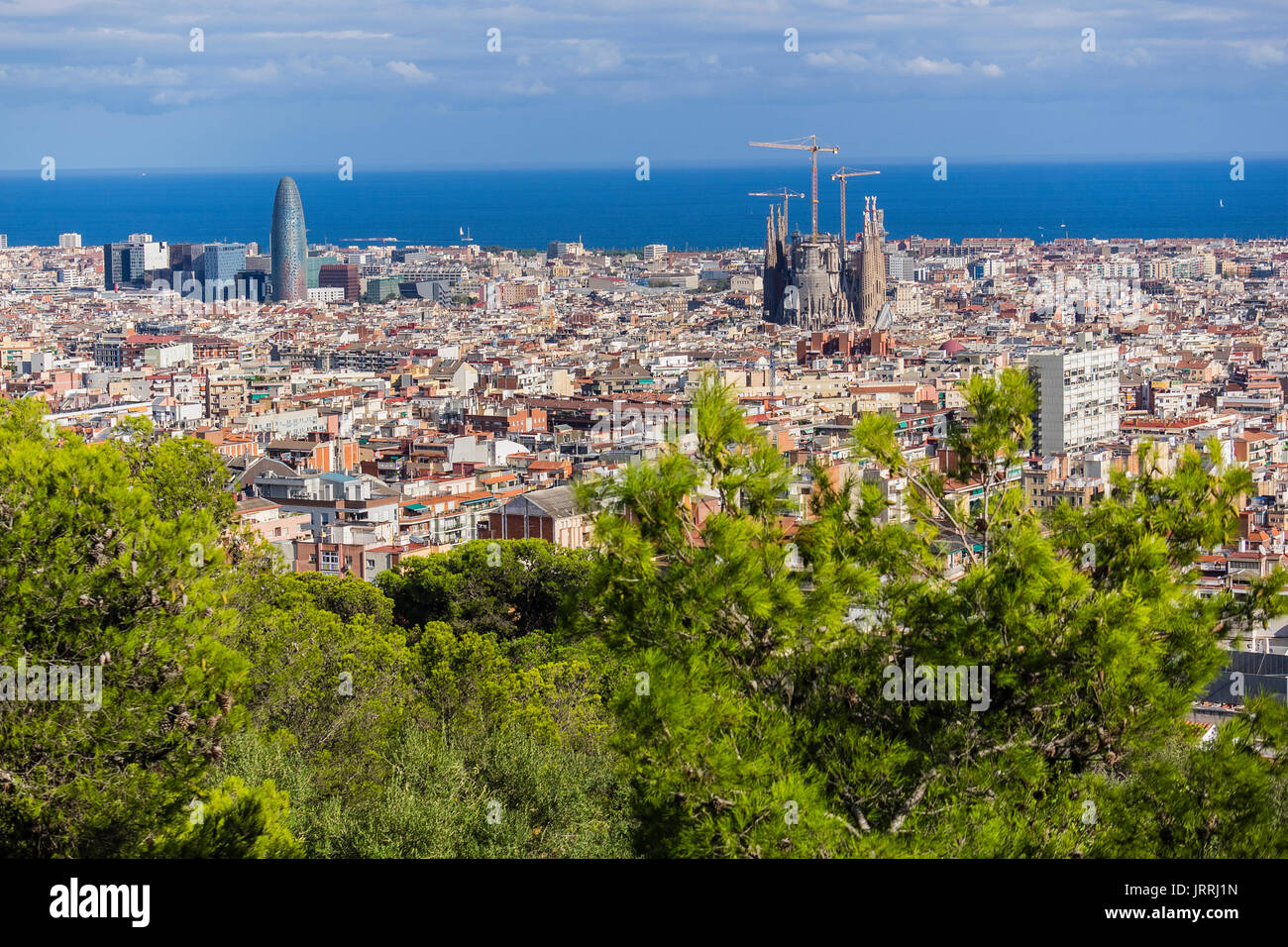 View Of Barcelona Spain From A Hilltop Overlooking The City And The Mediterranean Sea Stock Photo Alamy