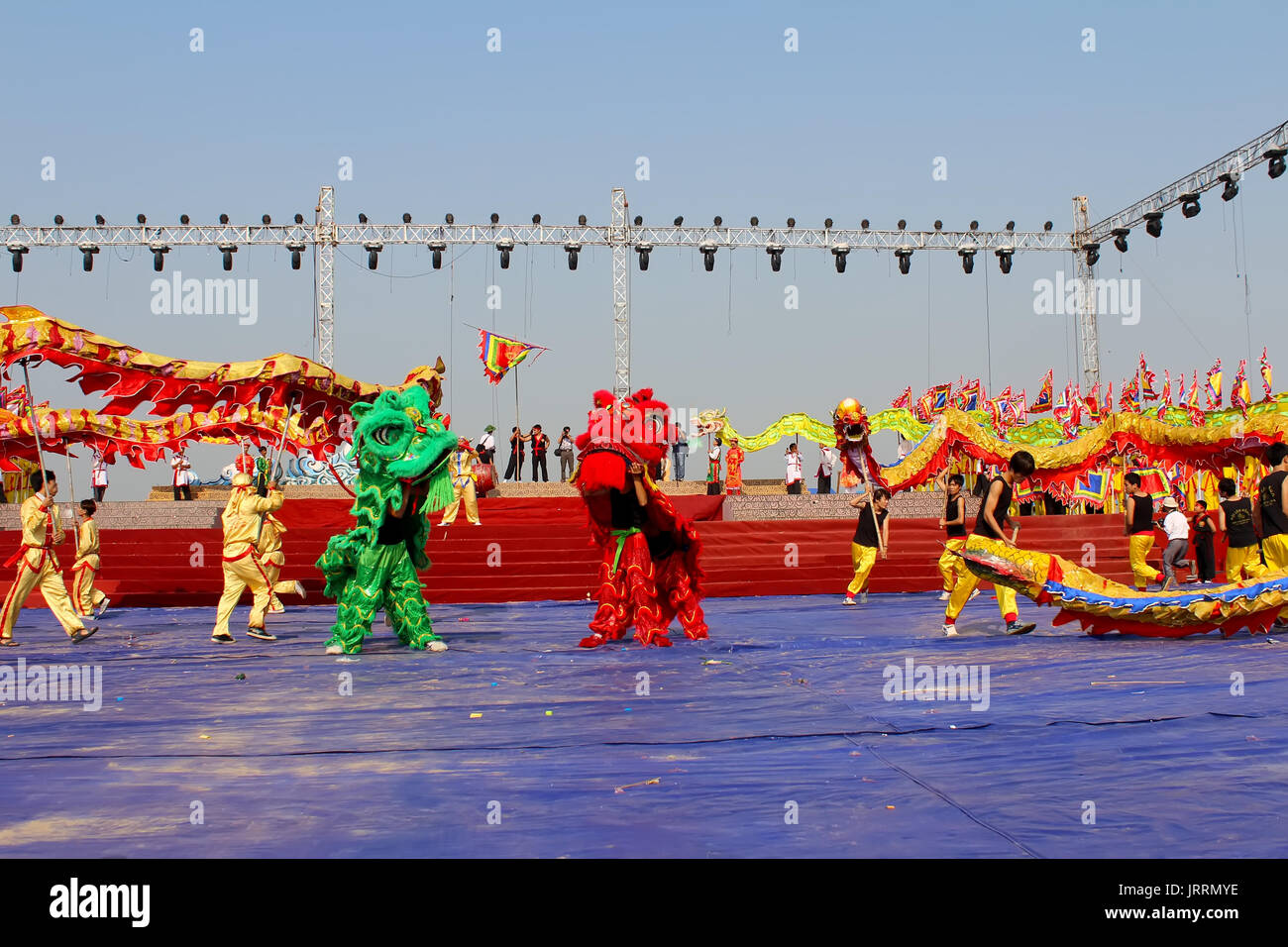 HAI DUONG, VIETNAM, February, 25: Group of people performance lion and dragon dance at Con Son, Kiep Bac festival on February, 25, 2013 in Hai Duong,  Stock Photo