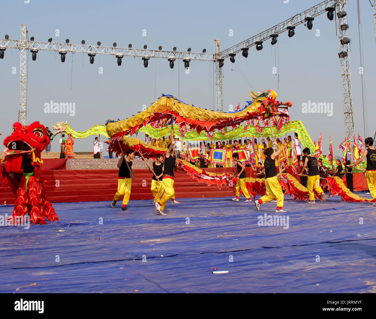 HAI DUONG, VIETNAM, February, 25: Group of people performance lion and dragon dance at Con Son, Kiep Bac traditional festivals on February, 25, 2013 i Stock Photo