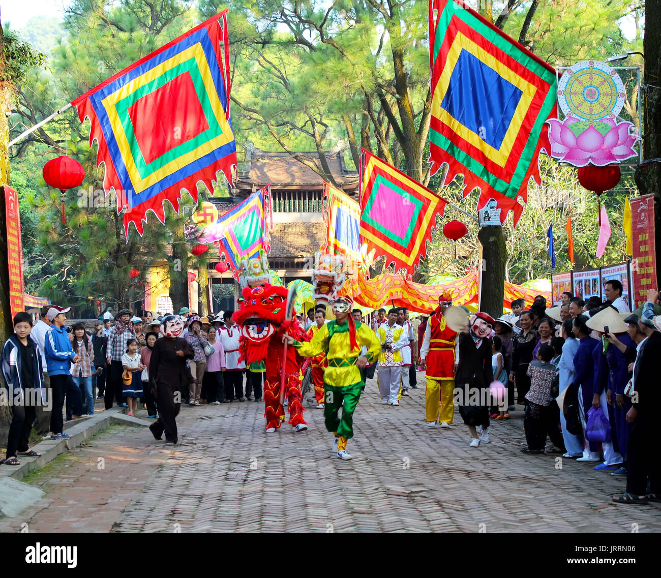 HAI DUONG, VIETNAM, February, 25: Group of people performance lion dance at Con Son, Kiep Bac traditional festivals on February, 25, 2013 in Con Son p Stock Photo