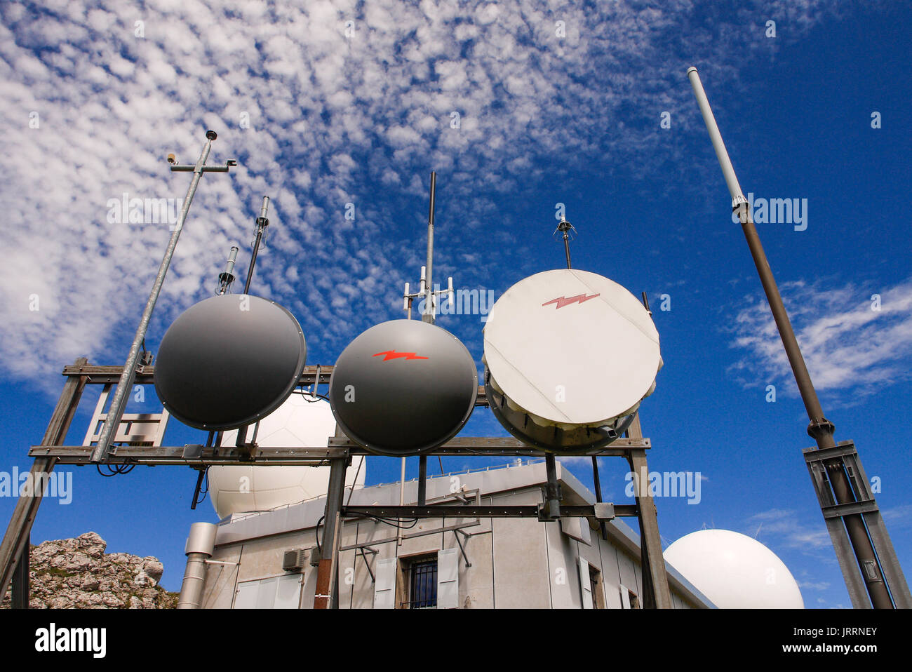 Skyguide aerial radar station, settled on the summit of the Dôle mountain, Jura (Swiss) Stock Photo