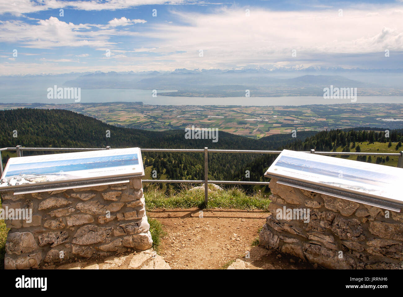 Panoramic view on the Leman lake and the Alps.from the summit of La Dôle mountain. Stock Photo
