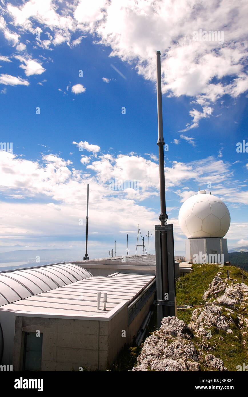 Skyguide aerial radar station, settled on the summit of the Dôle mountain, Jura (Swiss) Stock Photo