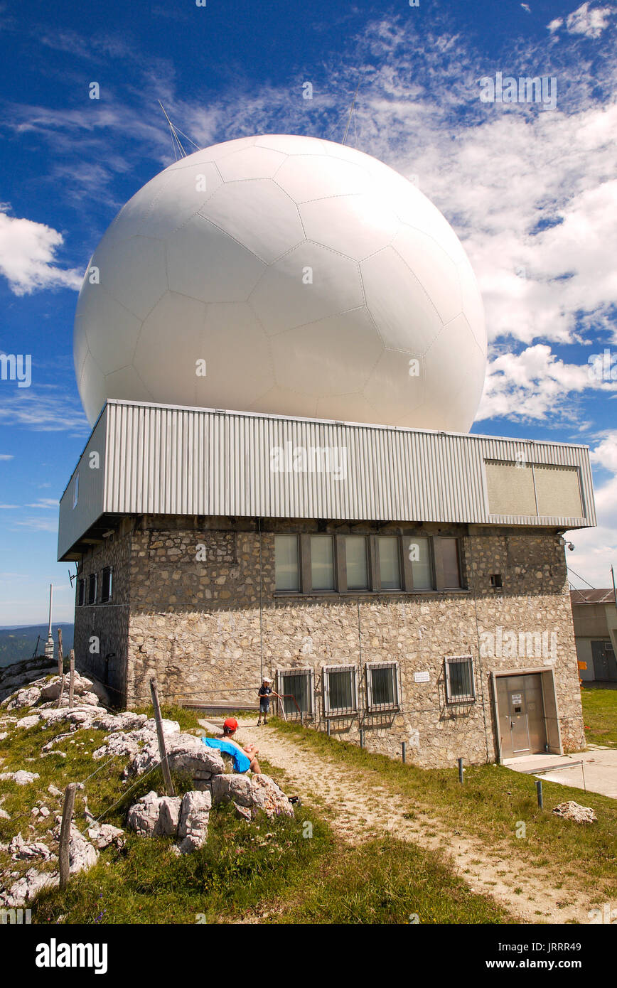 Skyguide aerial radar station, settled on the summit of the Dôle mountain, Jura (Swiss) Stock Photo