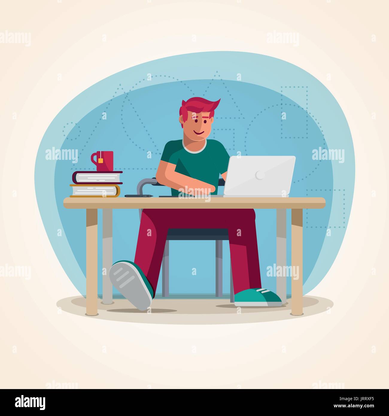 Successful young casual man working in the office. Concept vector illustration.  Elements are layered separately in vector file. Stock Vector