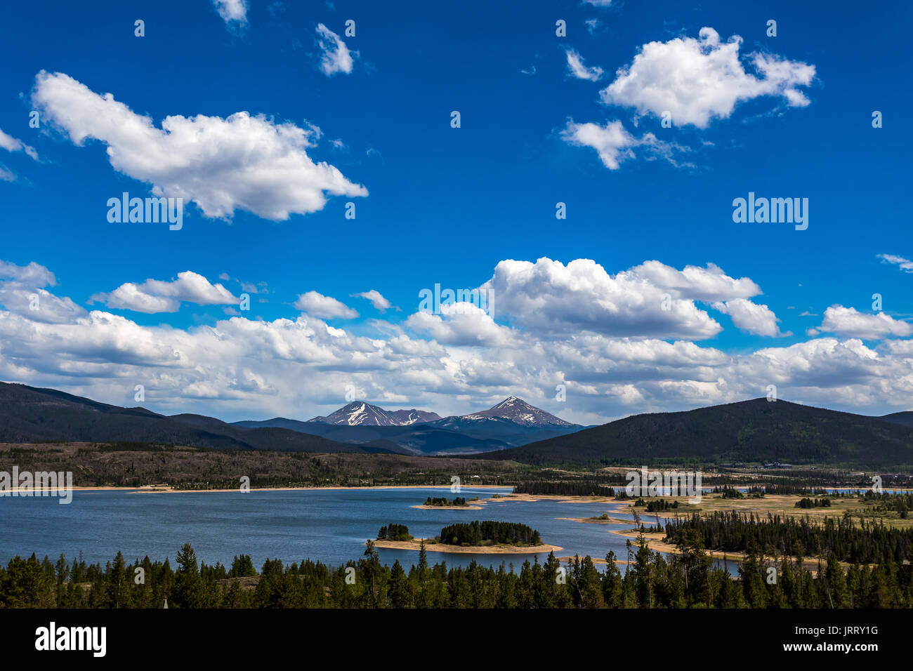 Dillon Reservoir, sometimes referred to as Lake Dillon, is a large fresh water reservoir located in Summit County, Colorado, and is a reservoir for th Stock Photo