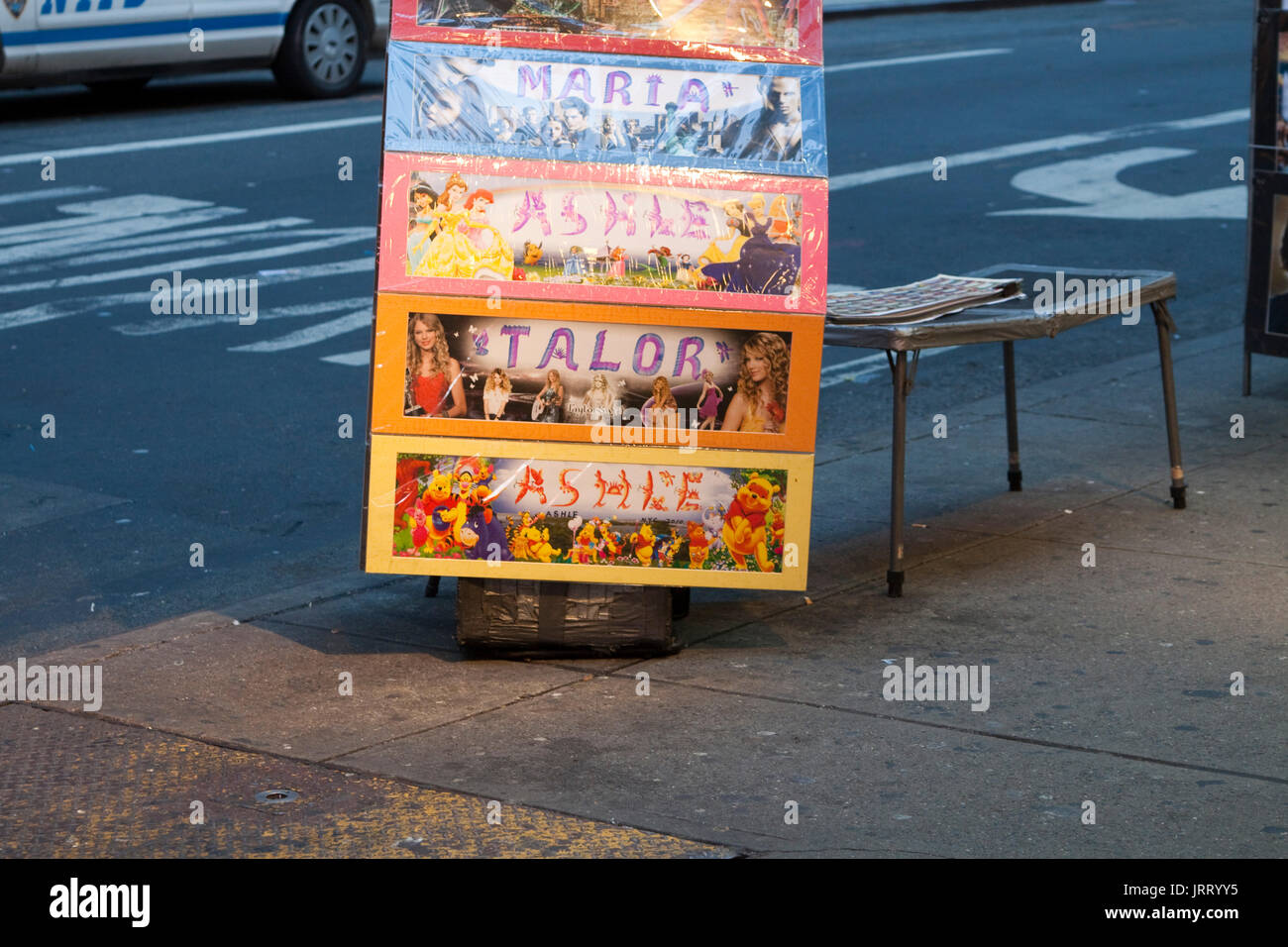 Display advertising name murals with various mis-spellings near Times Square in Manhattan, NY. Stock Photo