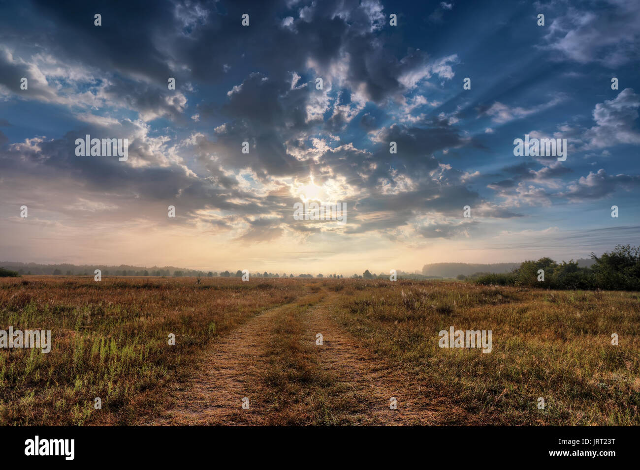 Summer rural landscape with sunrise and the road. Sunrise over the ...