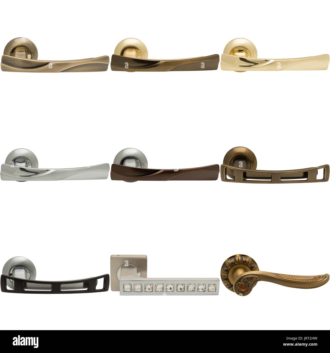 Set nine types of metal door handles Stock Photo Alamy