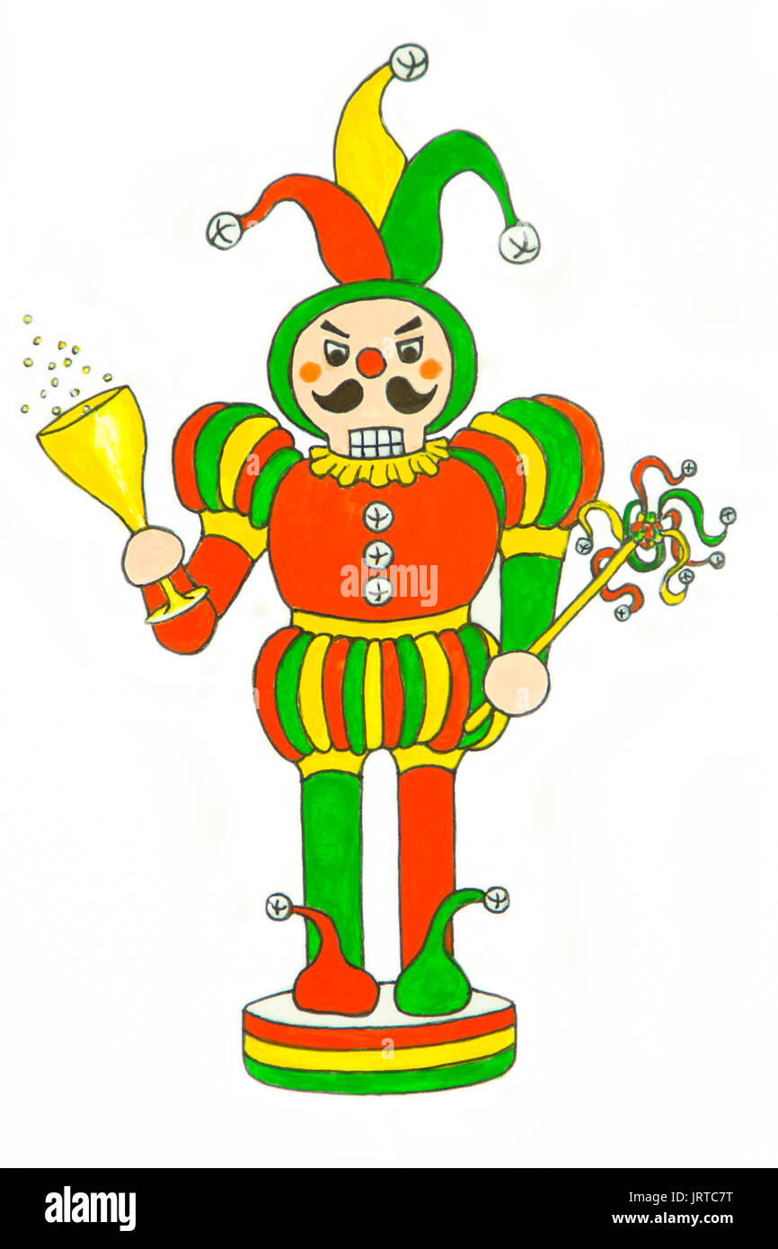A merry nutcracker jester dress in red, green and yellow, holds a cup of bubbly and a jingle bell wand. Stock Photo