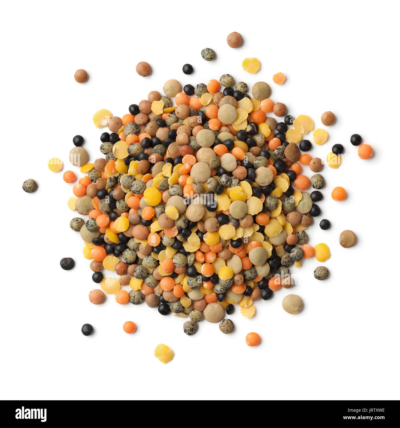 Heap of mixed different types of colorful  lentils on white background Stock Photo