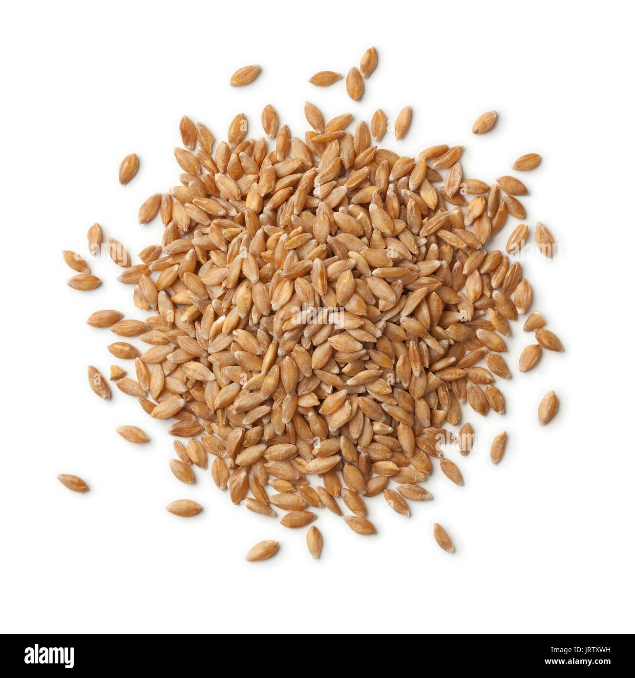Heap of organic Einkorn wheat seeds on white background Stock Photo