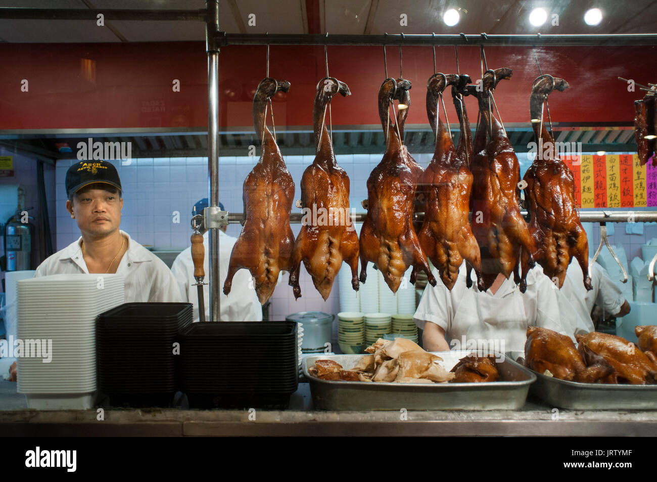 Peking Ducks on Display in Chinatown, Manhattan, New York, USA Stock