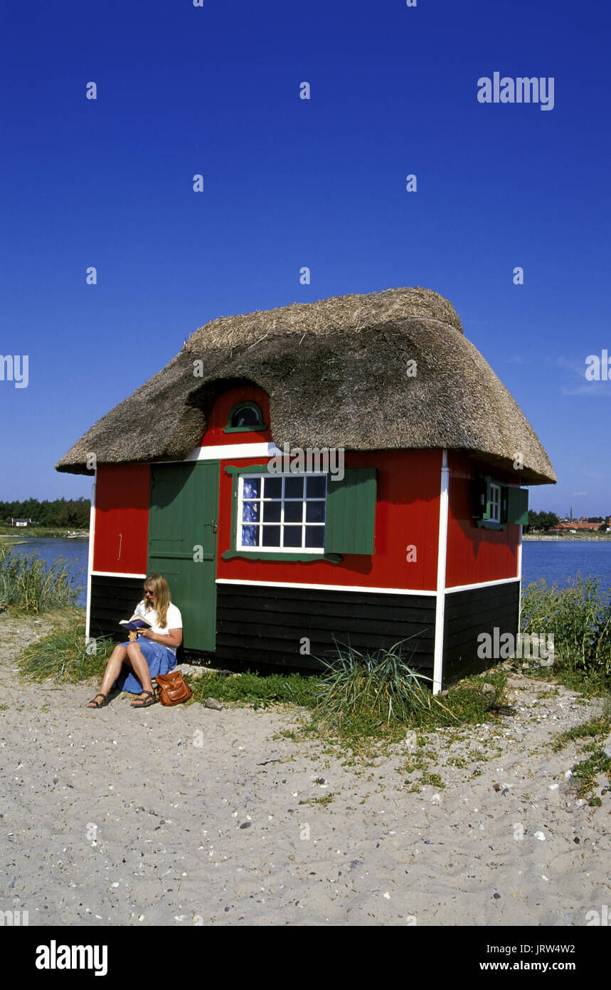 Beach hut at Marstal beach, Aeroe island, Fyn, Denmark, Scandinavia, Europe Stock Photo