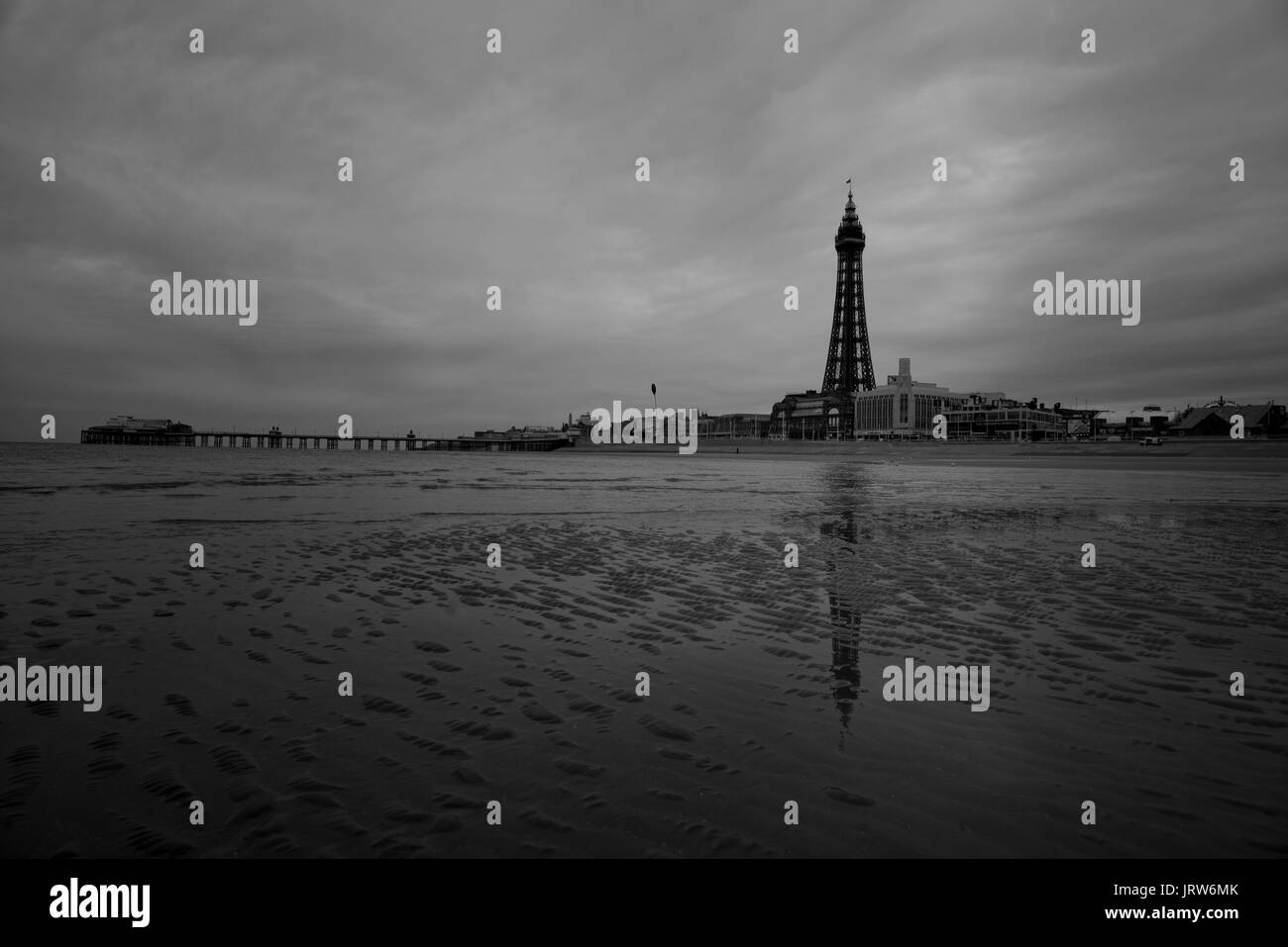 Moody Black and White image of Blackpool Tower, in the north west of the United Kingdom. credit: LEE RAMSDEN / ALAMY Stock Photo