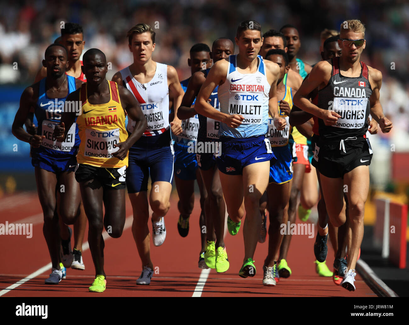 Great Britain's Rob Mullett (second right) in the Men's 3000m Steeplechase heat three during day three of the 2017 IAAF World Championships at the London Stadium. Stock Photo