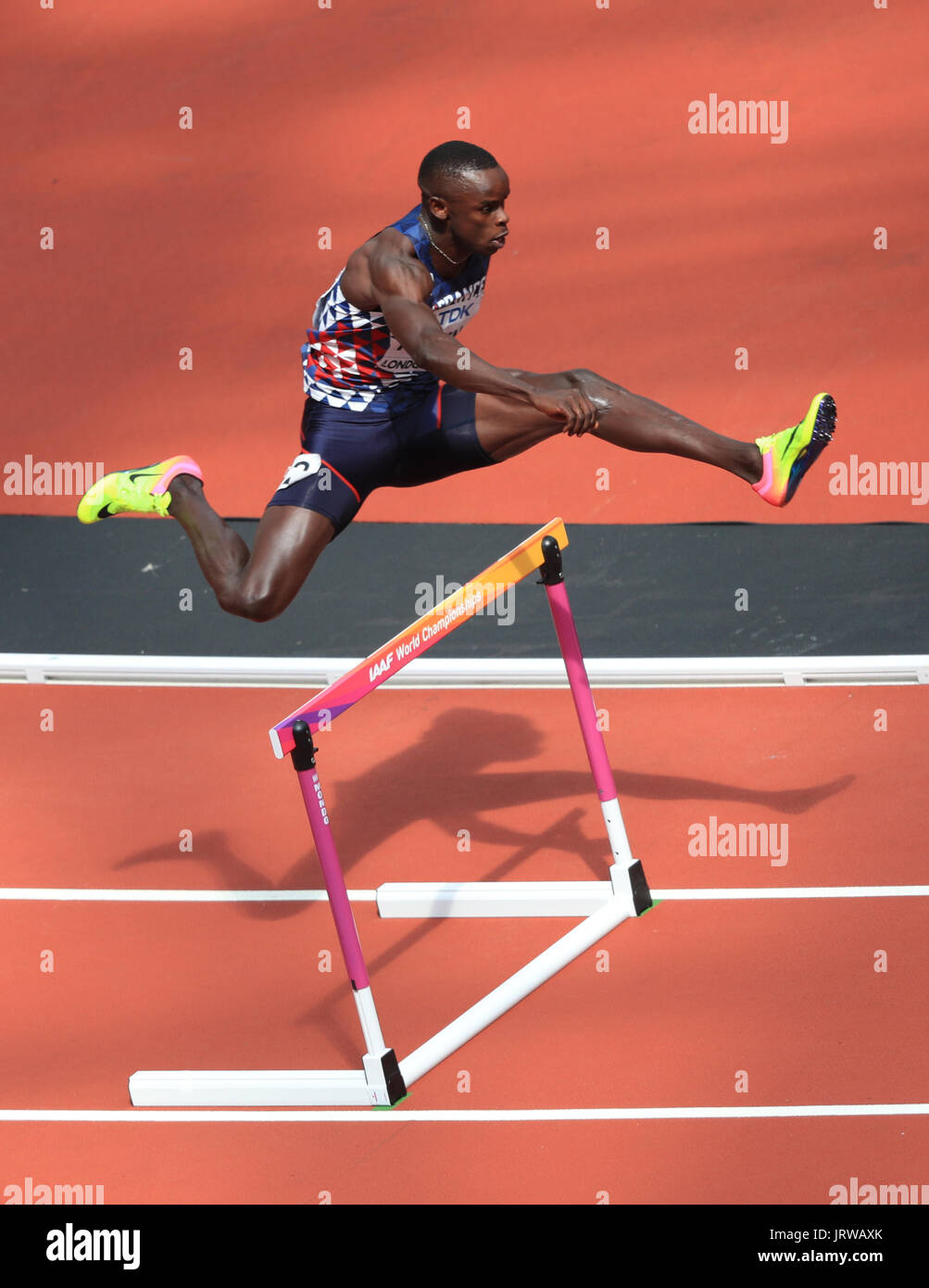 France's Mamadou Kasse Hann in the Men's 400m Hurdles heat five during day three of the 2017 IAAF World Championships at the London Stadium. Stock Photo