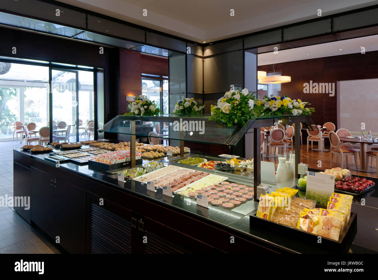 Breakfast buffet in a elegant contemporary hotel restaurant in Italy