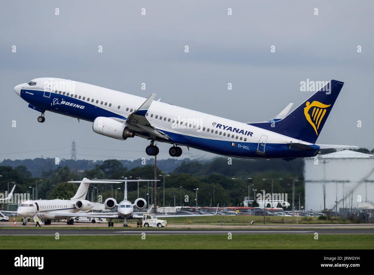 A Ryanair Boeing 737-8AS takes off from London Stansted Airport Stock Photo