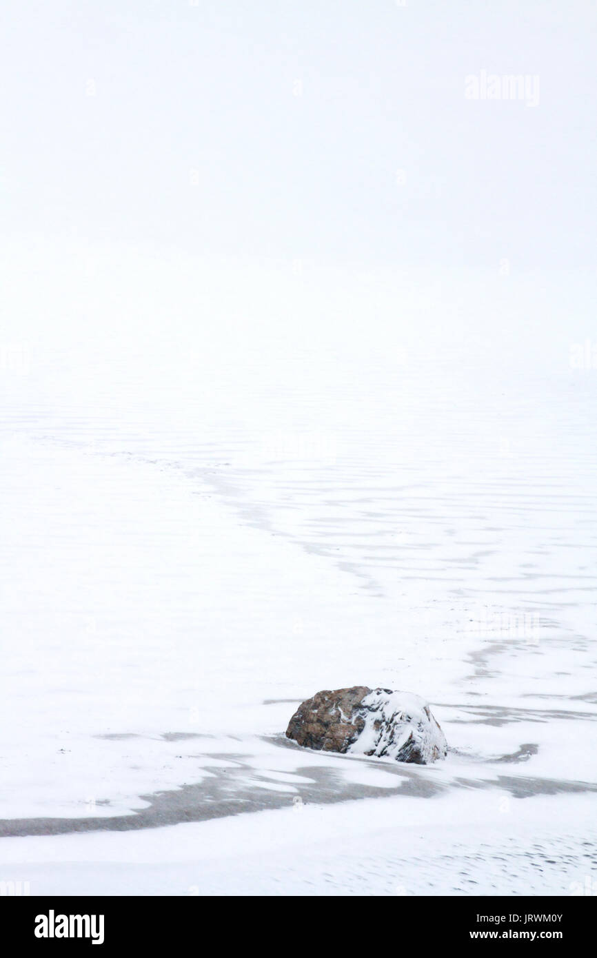 Snow covered beach and rock in whiteout conditions during a winter storm Stock Photo