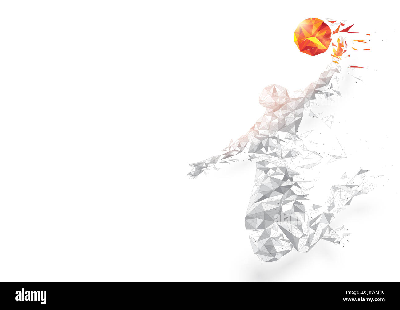 Abstract low polygon basketball player jumping dunking wireframe mesh on white background Stock Photo