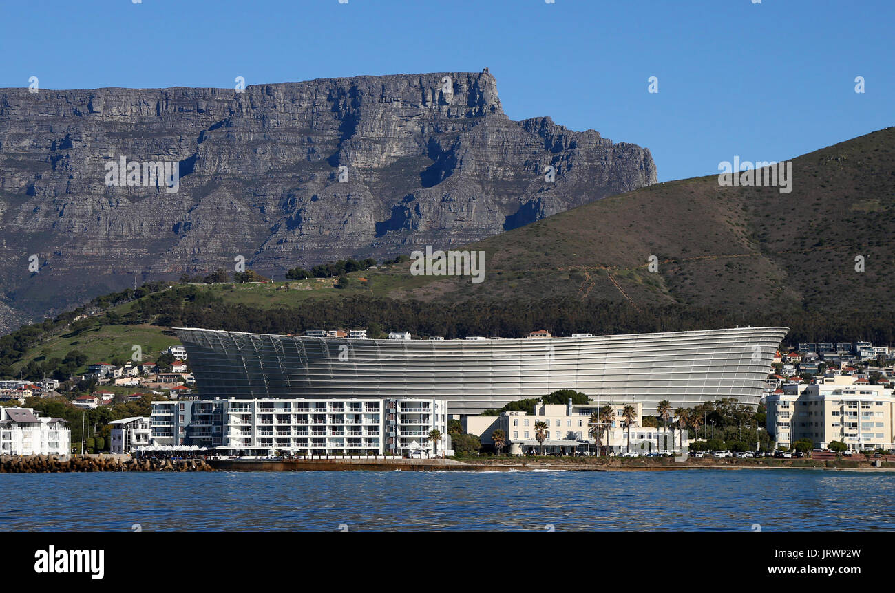 A view of Cape Town Stadium with Table Mountain in the background in Cape Town, Western Cape, South Africa. Stock Photo