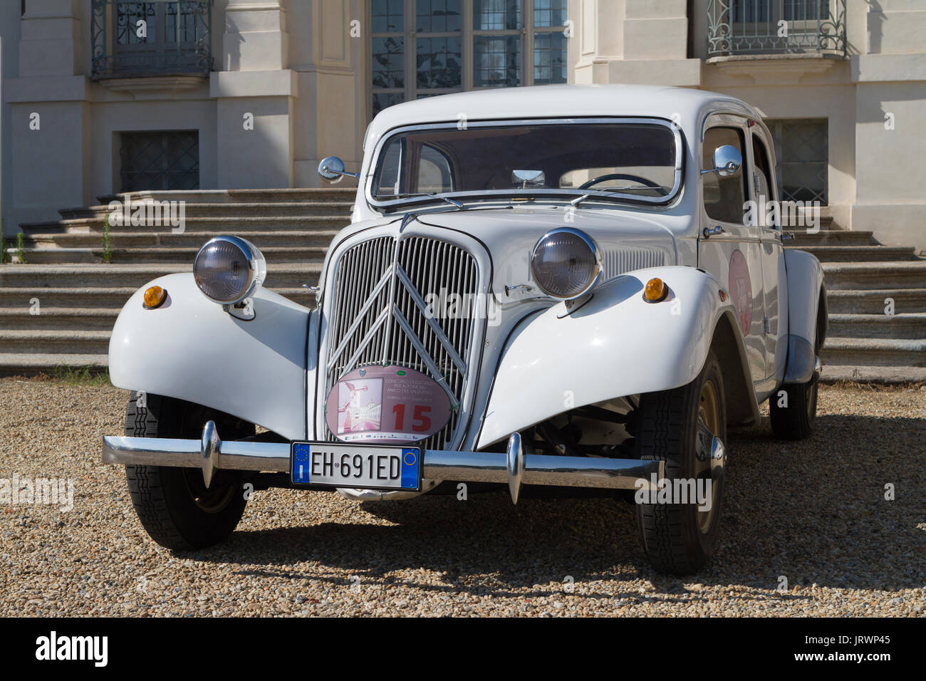 A 1952 Citroen Traction Avant BL11 in front of Stupinigi castle. Vintage cars and sportscar on exhibition in Torino during Parco Valentino car show. Stock Photo