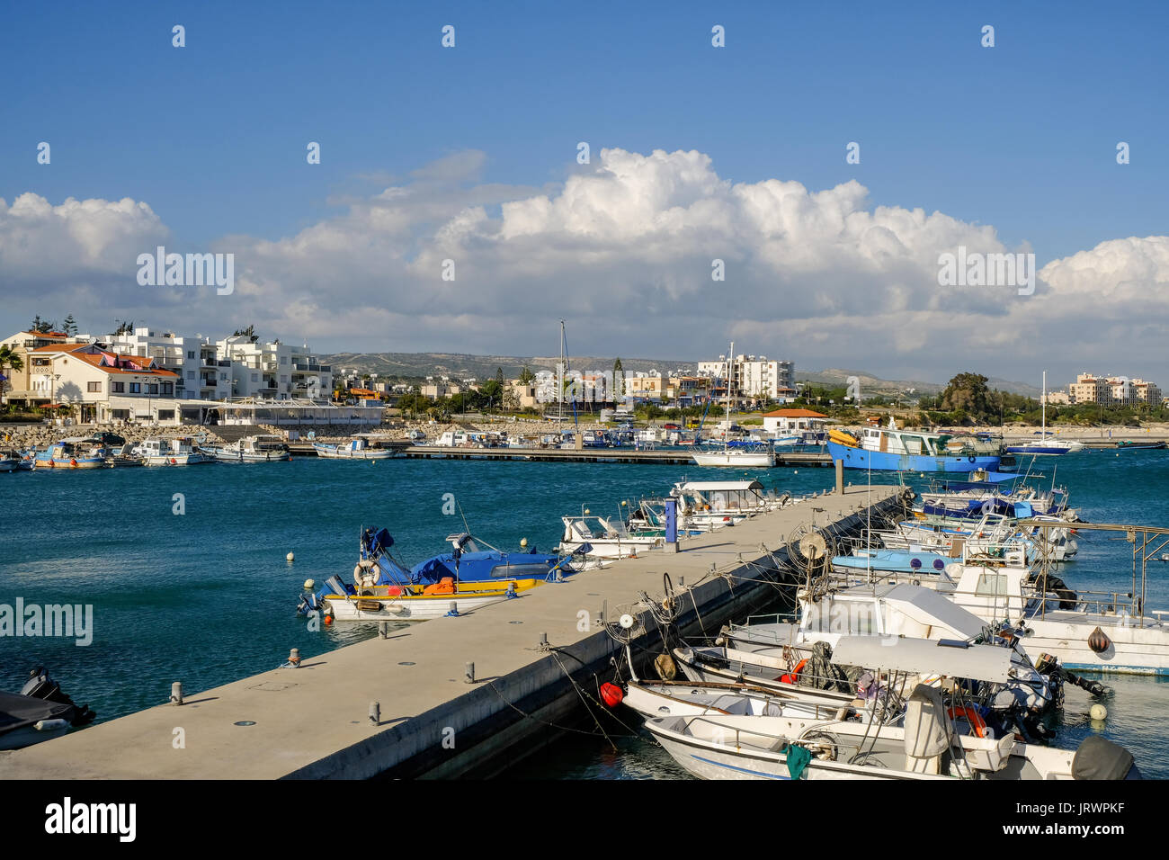 View of Zygi fishing village in Cyprus from the marina in ealy summer. Stock Photo