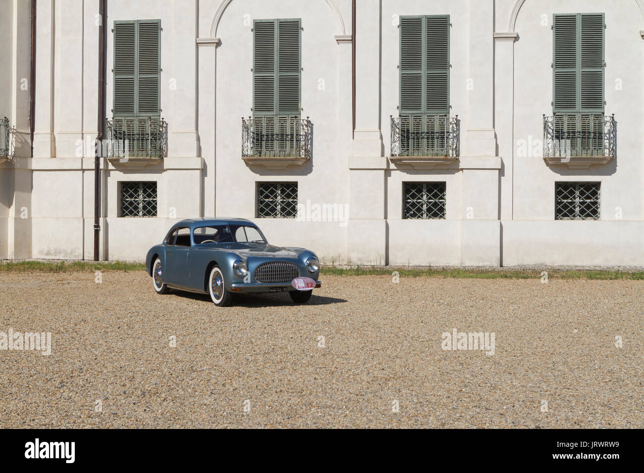 A 1947 Cisitalia 202 C in front of Stupinigi castle. Vintage cars and sportscar on exhibition in Torino during Parco Valentino car show. Stock Photo