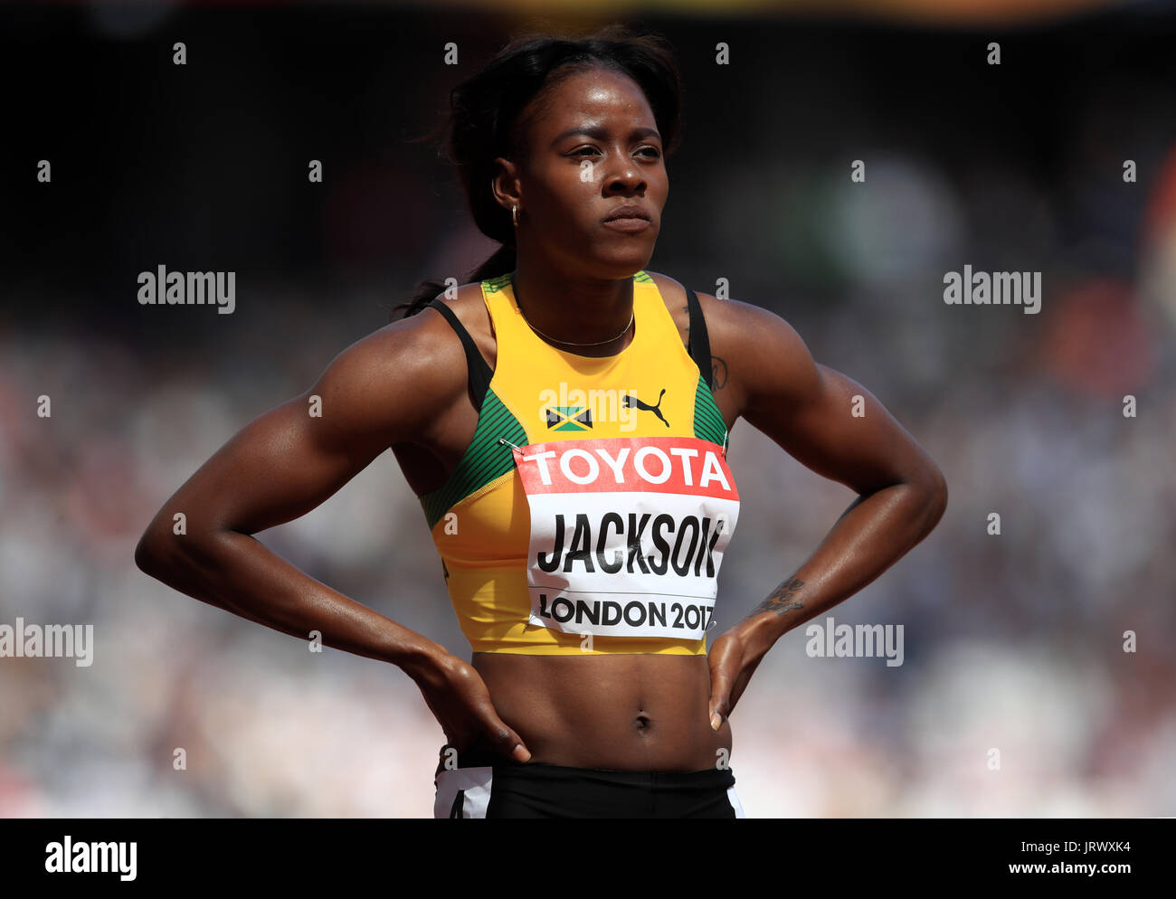 Jamaica's Shericka Jackson during day three of the 2017 IAAF World Championships at the London Stadium. PRESS ASSOCIATION Photo. Picture date: Sunday August 6, 2017. See PA story ATHLETICS World. Photo credit should read: John Walton/PA Wire. Stock Photo