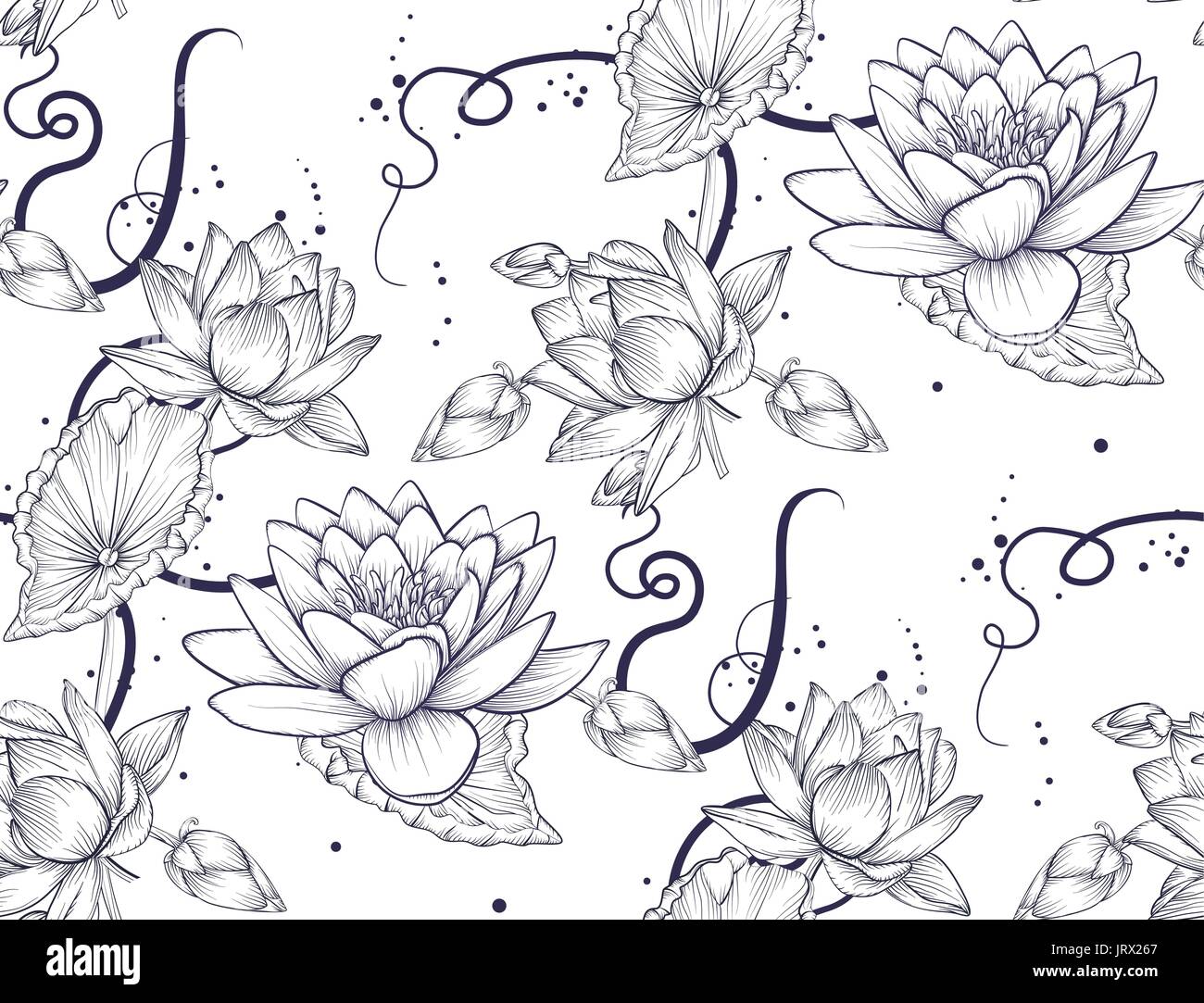 Pattern seamless of Lotus water lily vector beautiful flower blue linear background. Hand drawn fantasy art plant blossom, floral, botanical dottes an Stock Vector