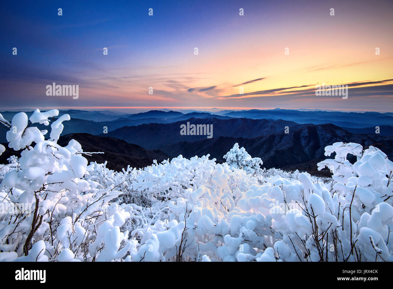 Sunrise on Deogyusan mountains covered with snow in winter,South Korea ...